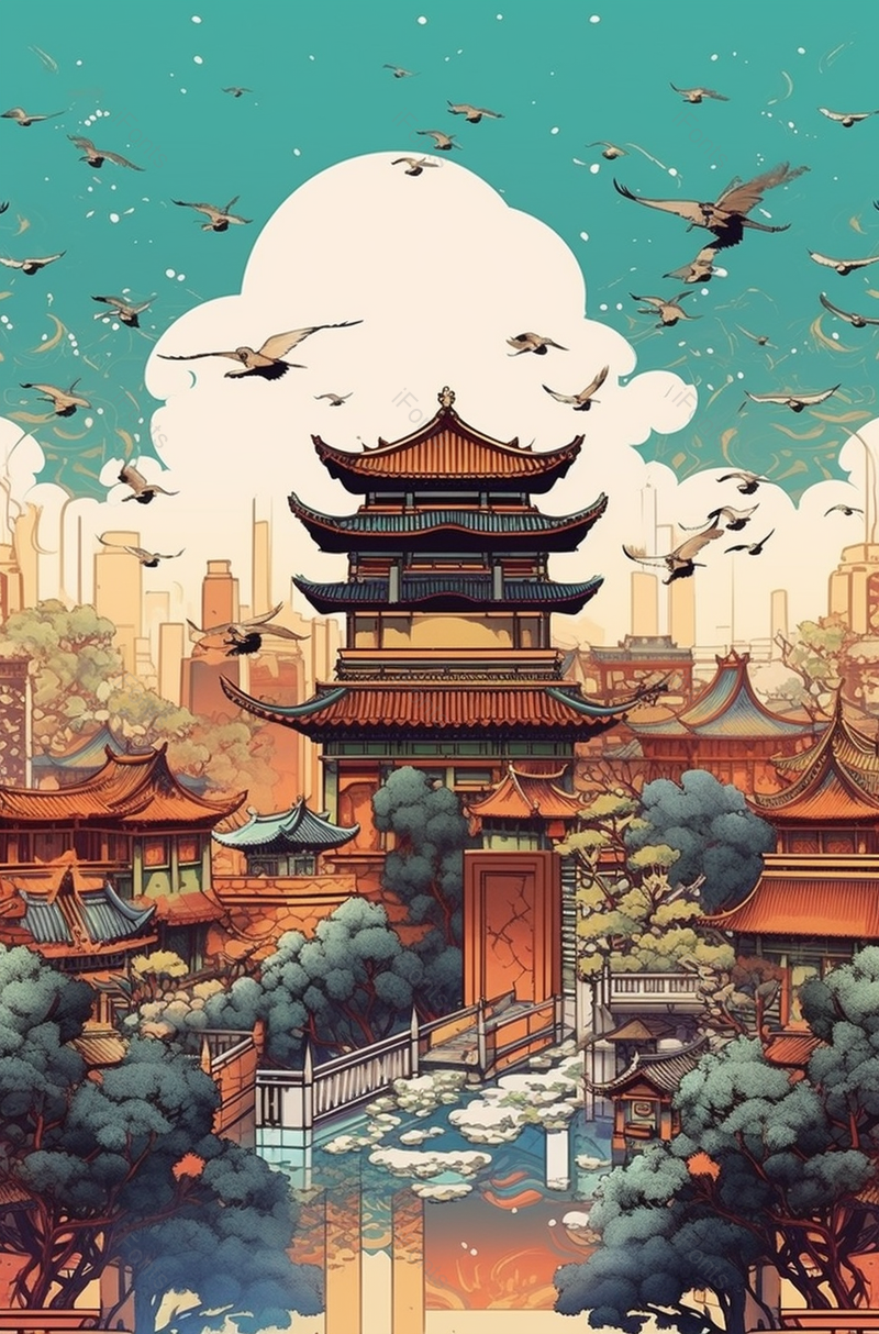 大气国潮风青山古建筑飞鸟插画,插画/手绘图,插画/手绘图库,插画/手绘图下载,插画/手绘